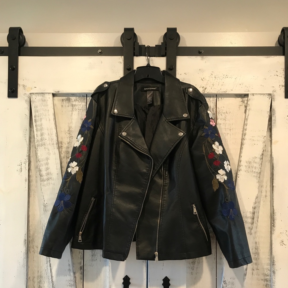 NEW Ashley Stewart Embroidered faux leather jacket